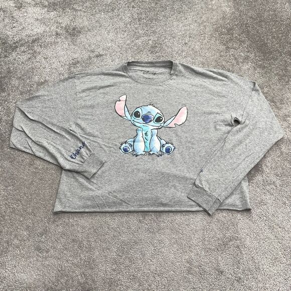 Disney Stitch Cropped Top Womens XL Gray Long Sleeve Crew Neck Cotton Casual Tee - Picture 1 of 12